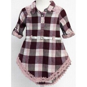 Little Lass Baby Girl Plaid Shirt Dress Lace Trim Belted 24M Burgundy Pink